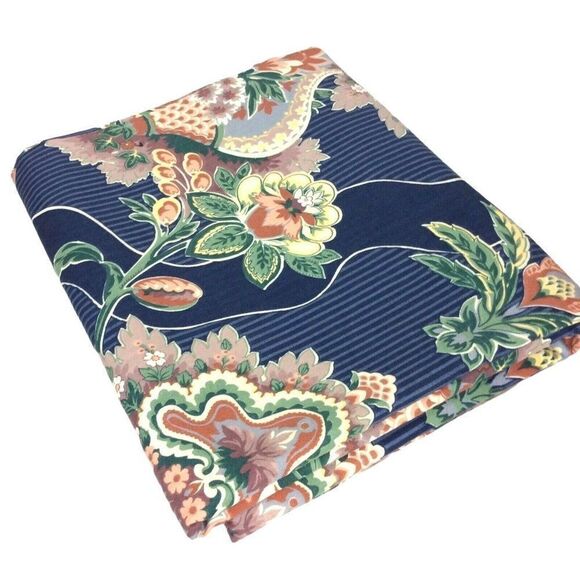 Kenmill Screen Print Fabric Remnant 54x97 Blue Striped Floral Cotton Blend 80s - Picture 1 of 7